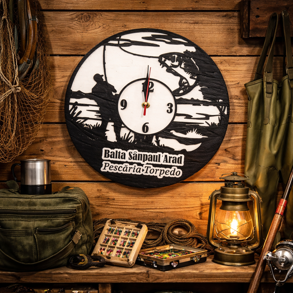 Ceas de perete personalizat din lemn – tematică pescuit, 30 cm