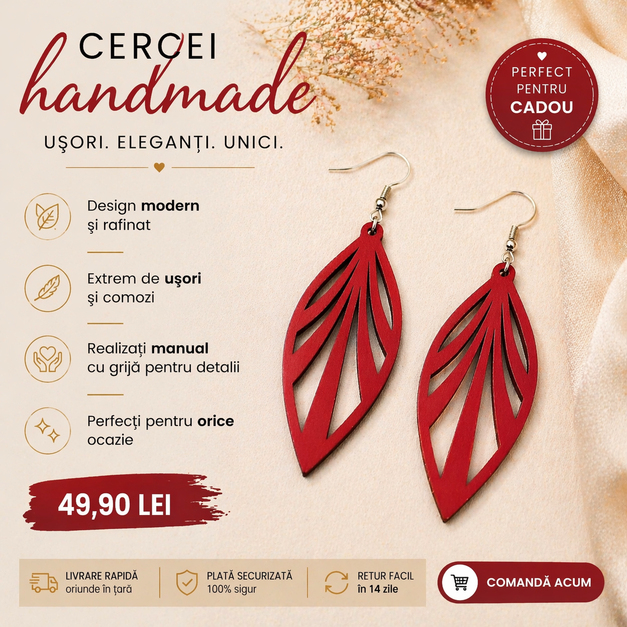 Cercei Handmade 6cm Roșii din Lemn Fire – Eleganță și Stil în Fiecare Detaliu
