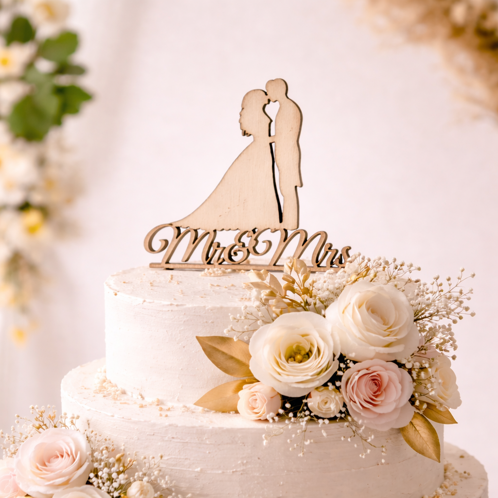 Topper Tort Nuntă „Mr & Mrs” – Eleganță și Rafinamant
