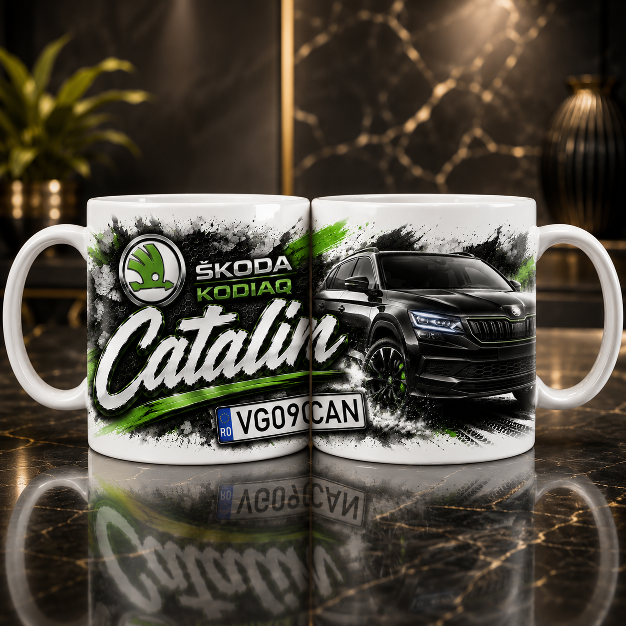 Cană personalizată Škoda cu Nume și Număr de Înmatriculare – Cadou Unic pentru Pasionații SUV-urilor Škoda