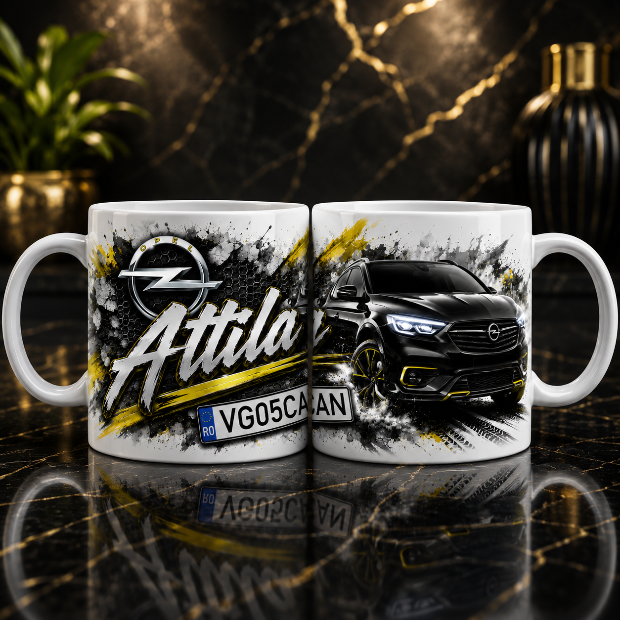 Cană personalizată Opel cu nume și număr de înmatriculare – Cadou auto pentru pasionații Opel