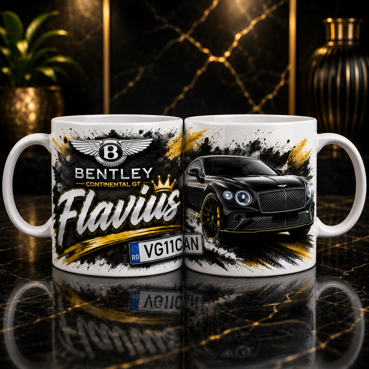 Cană personalizată Bentley cu nume și număr de înmatriculare – Cadou auto premium