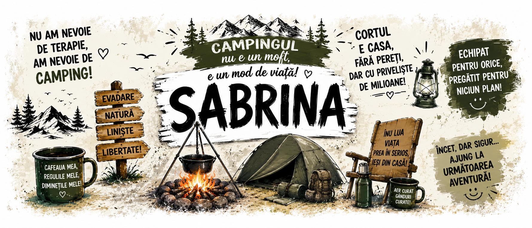 Cană personalizată Camping cu nume – „Campingul nu este un moft, este un mod de viață!”
