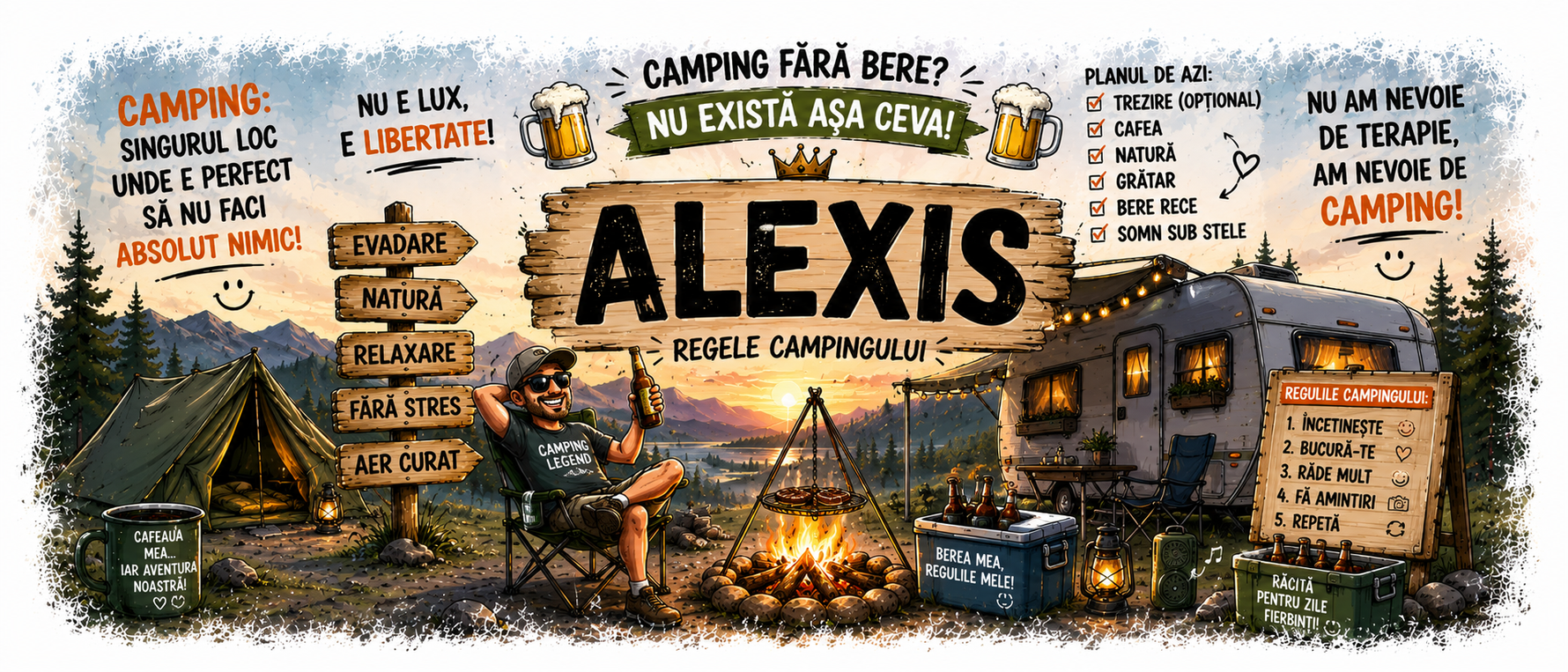 Cană personalizată Camping cu nume – „Camping fără bere? Nu există așa ceva!”