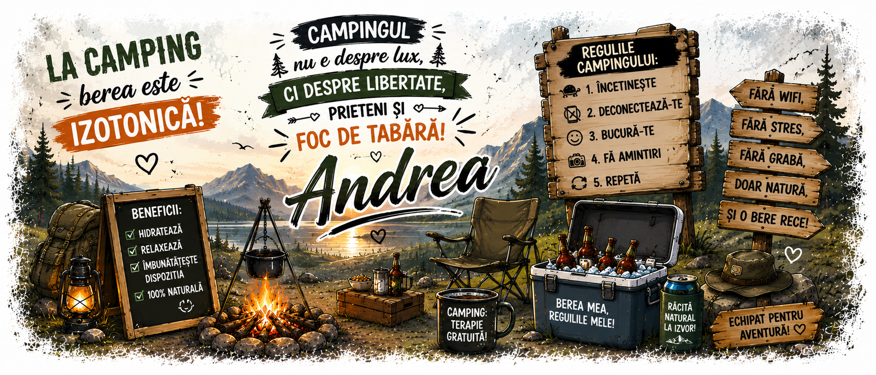 Cană personalizată Camping cu nume – „La camping berea este izotonică!”