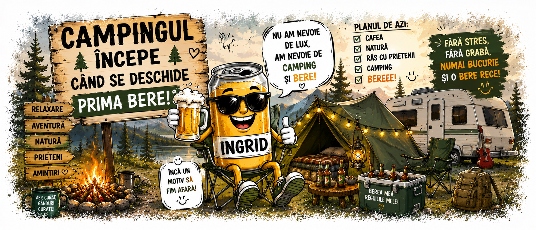 Cană personalizată Camping cu nume – „Campingul începe când se deschide prima bere!”