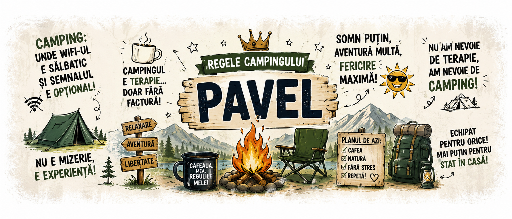 Cană personalizată Camping cu nume – Regele Campingului | Cadoul ideal pentru pasionații de natură