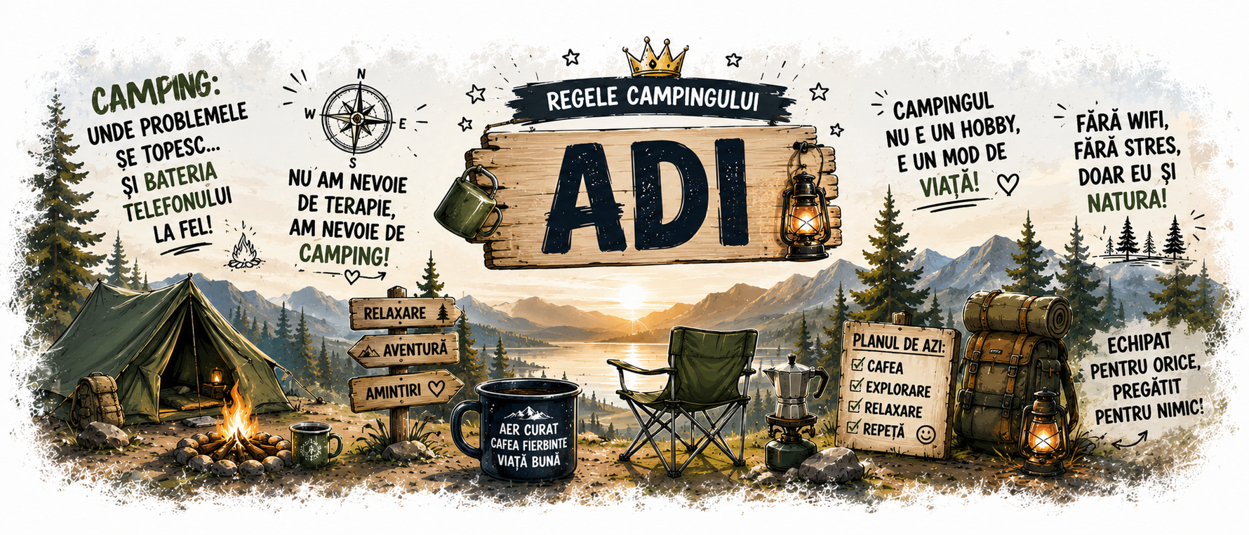 Cană personalizată Camping cu nume – Design premium pentru iubitorii de aventură în natură