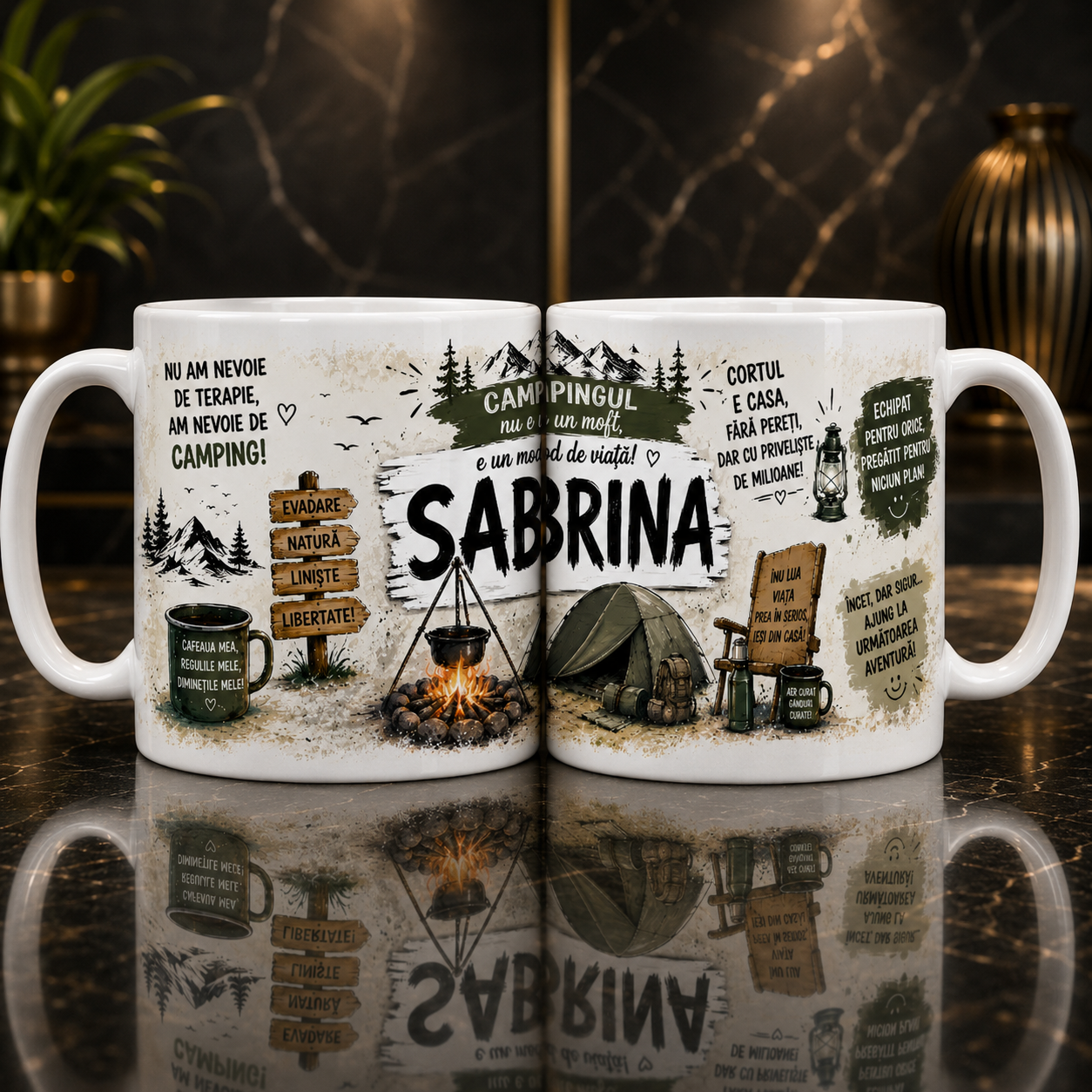 Cană personalizată Camping cu nume – „Campingul nu este un moft, este un mod de viață!”