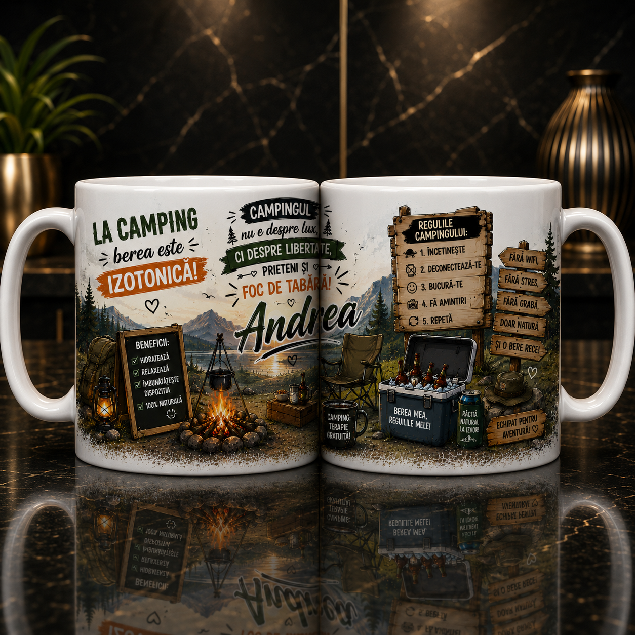 Cană personalizată Camping cu nume – „La camping berea este izotonică!”