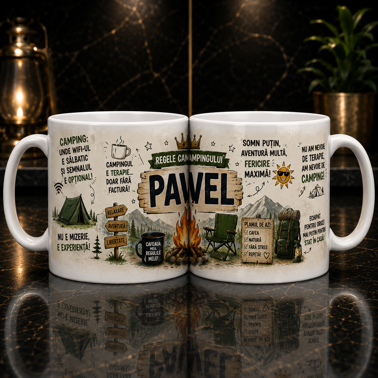 Cană personalizată Camping cu nume – Regele Campingului | Cadoul ideal pentru pasionații de natură
