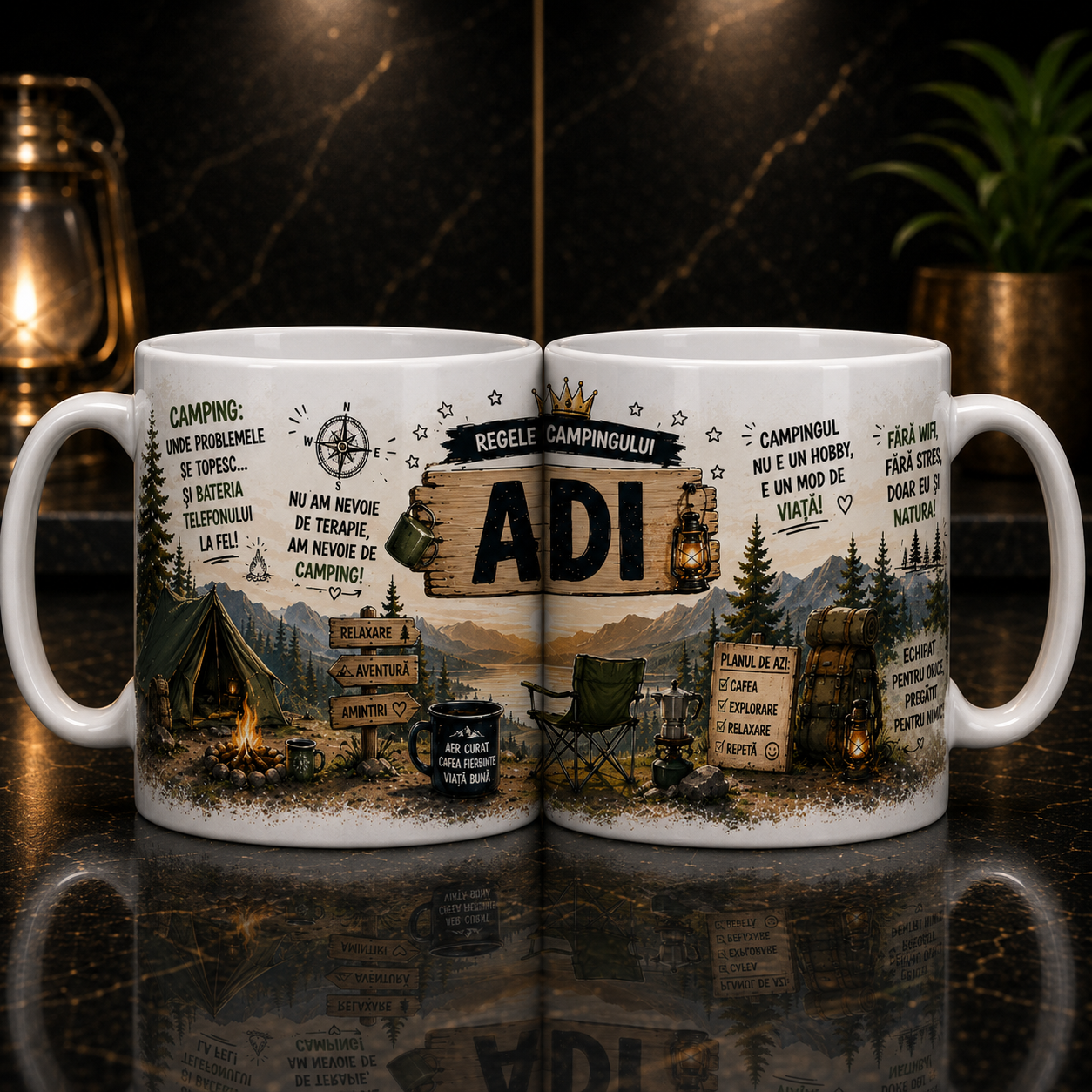 Cană personalizată Camping cu nume – Design premium pentru iubitorii de aventură în natură