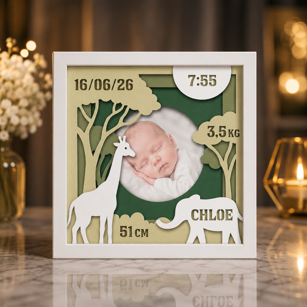 Ramă Foto Personalizată Safari pentru Bebeluși 20×20 cm – Cu Poză, Nume și Datele Nașterii