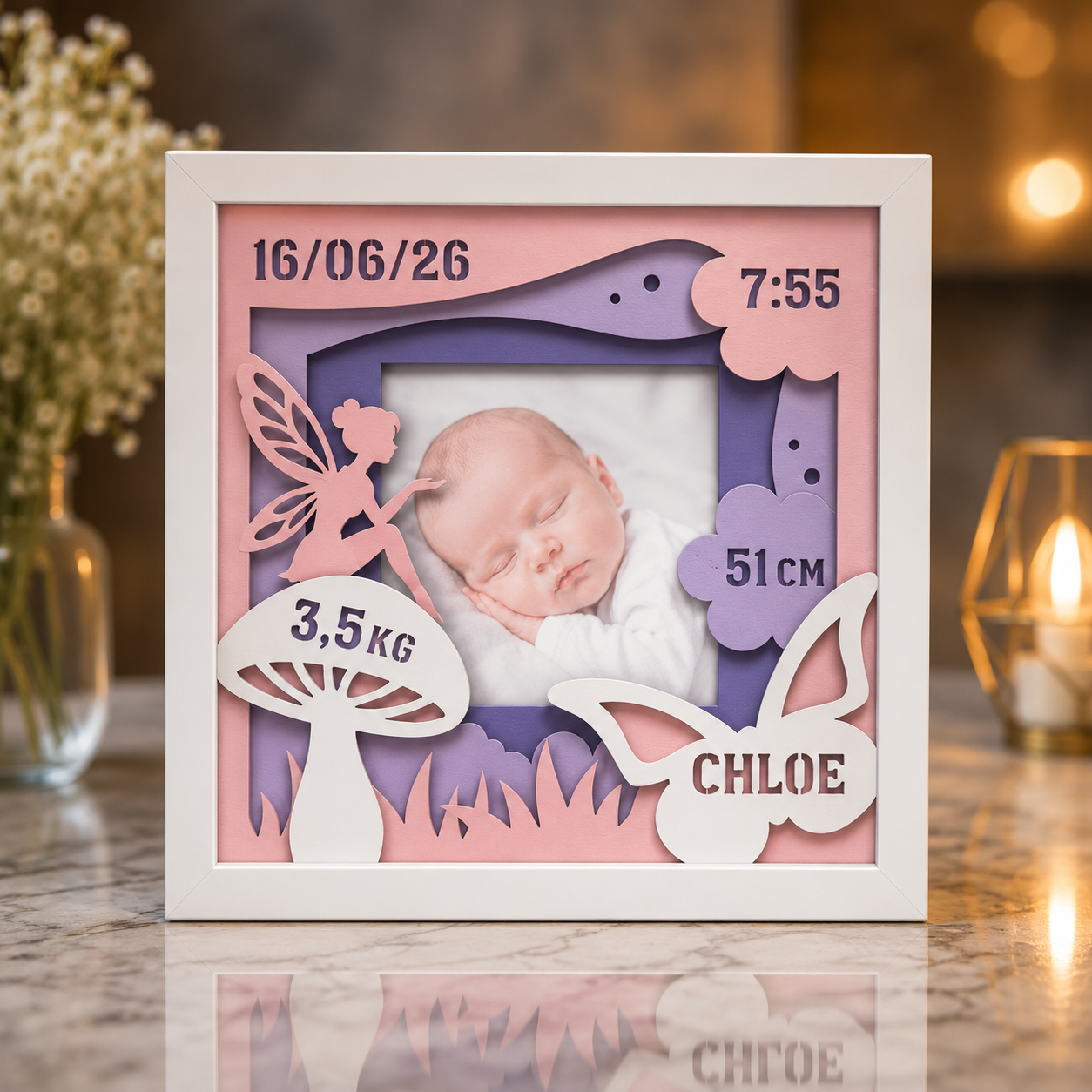 Ramă Foto Personalizată Zâna Pădurii pentru Bebeluși 20×20 cm – Cu Poză, Nume și Datele Nașterii
