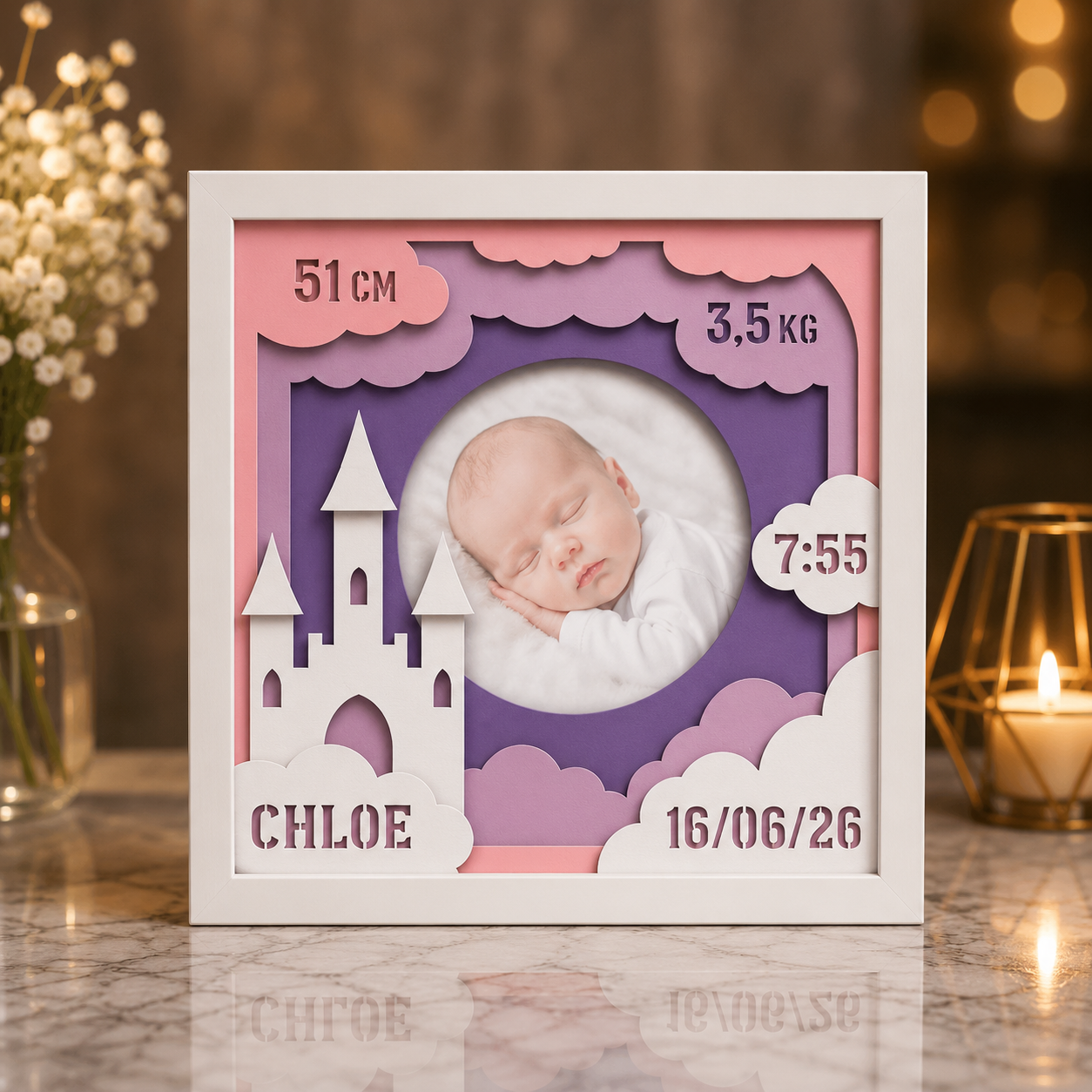 Ramă Foto Personalizată Castel Fermecat pentru Bebeluși 20×20 cm – Cu Poză, Nume și Datele Nașterii