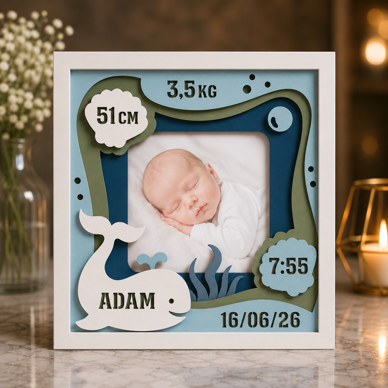 Ramă Foto Personalizată Ocean pentru Bebeluși 20×20 cm – Cu Poză, Nume și Datele Nașterii