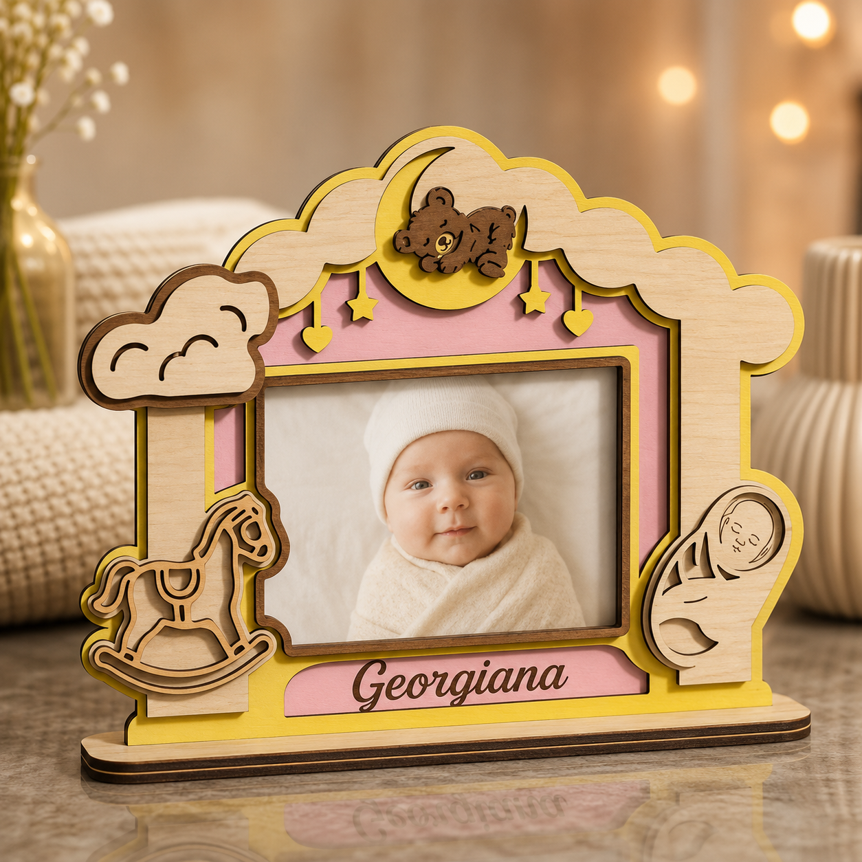 Ramă foto personalizată pentru bebeluși din MDF – Poză 10x15 cm