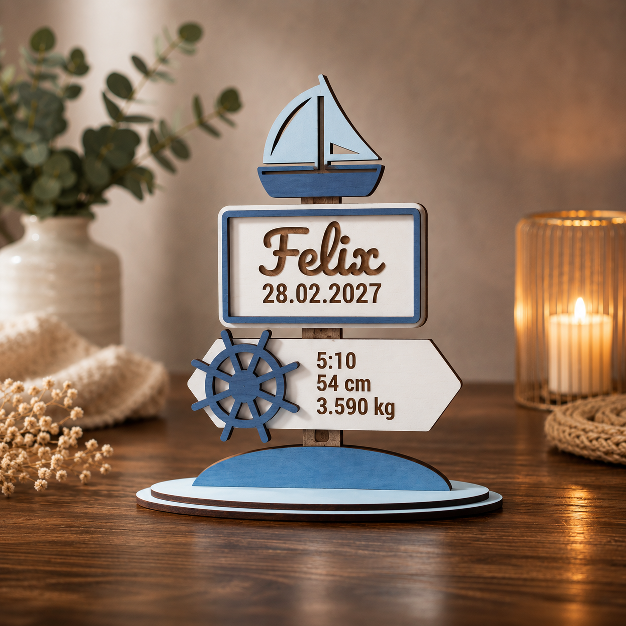 Ornament Personalizat de Naștere cu Bărcuță din Placaj Premium – 15,5 cm