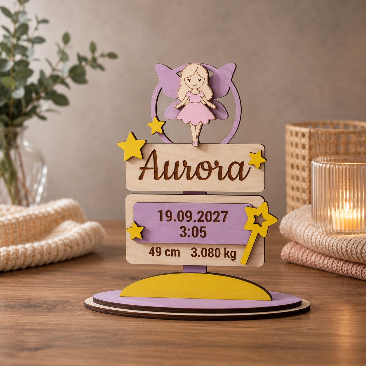 Ornament Personalizat de Naștere cu Zână din Placaj Premium – 15,5 cm