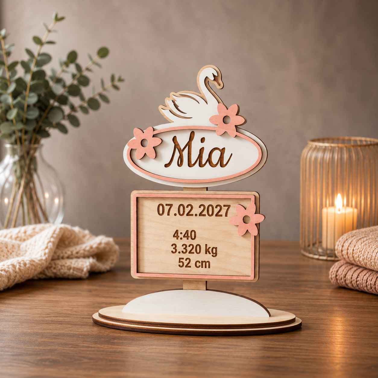Ornament Personalizat de Naștere cu Lebădă din Placaj Premium – 15,5 cm