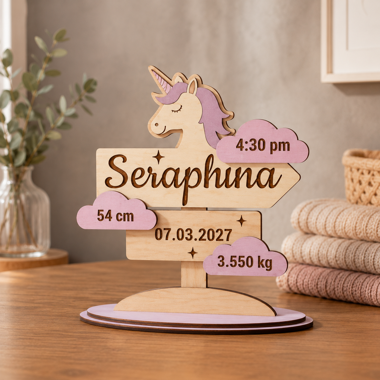 Ornament Personalizat de Naștere cu Unicorn din Placaj Premium – 15,5 cm