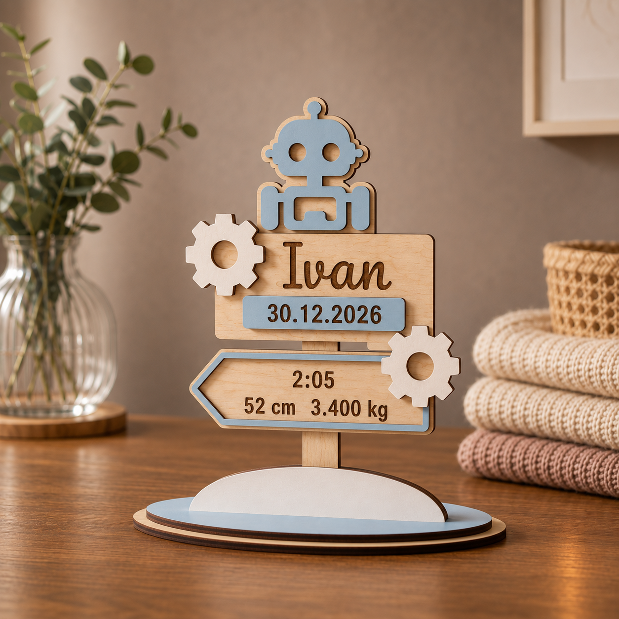 Ornament Personalizat de Naștere cu Roboțel din Placaj Premium – 15,5 cm