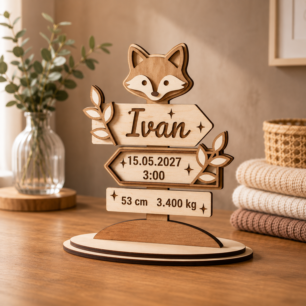 Ornament Personalizat de Naștere cu Vulpiță din Placaj Premium – 15,5 cm