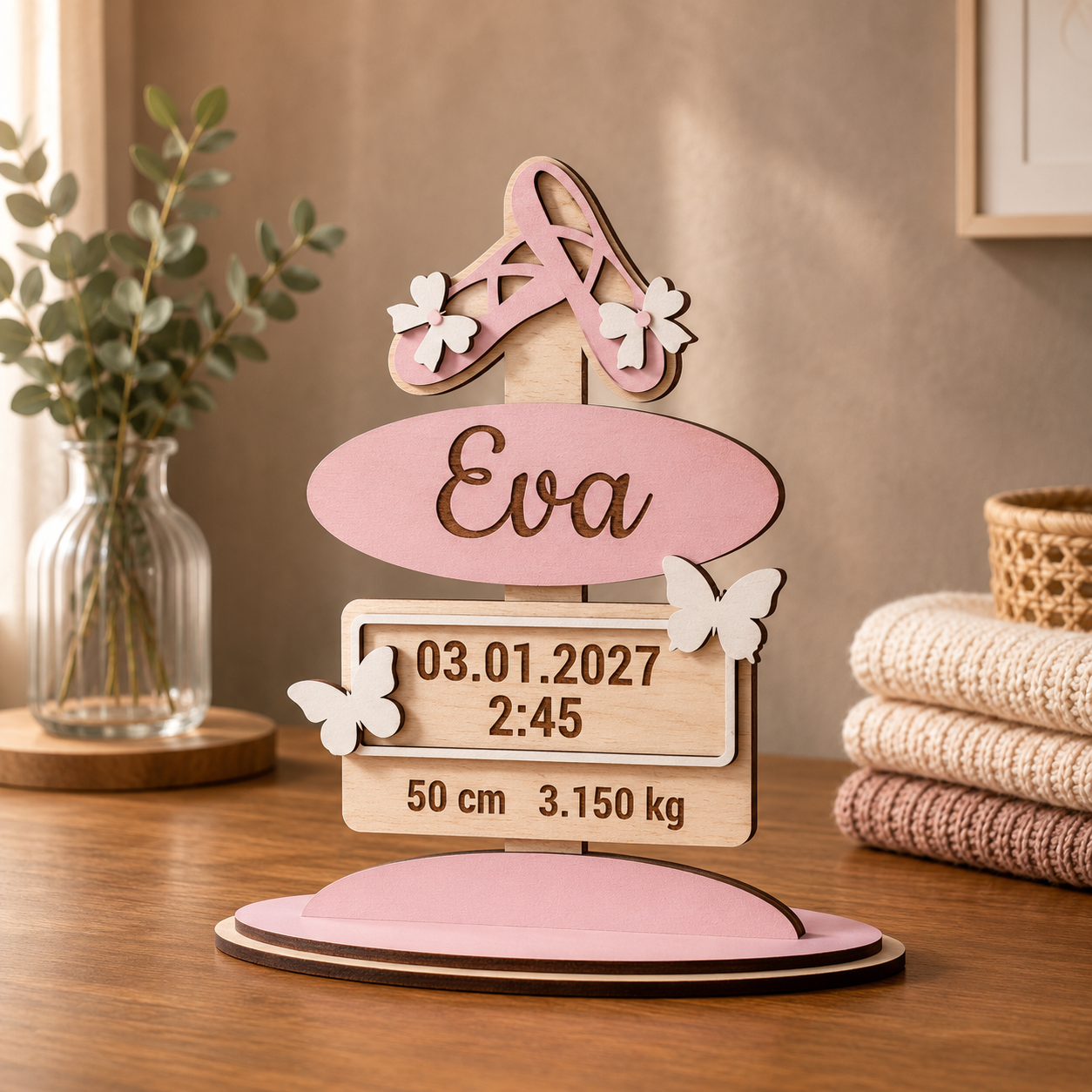 Ornament Personalizat de Naștere cu Inițială și Fluturași din Placaj Premium – 15,5 cm