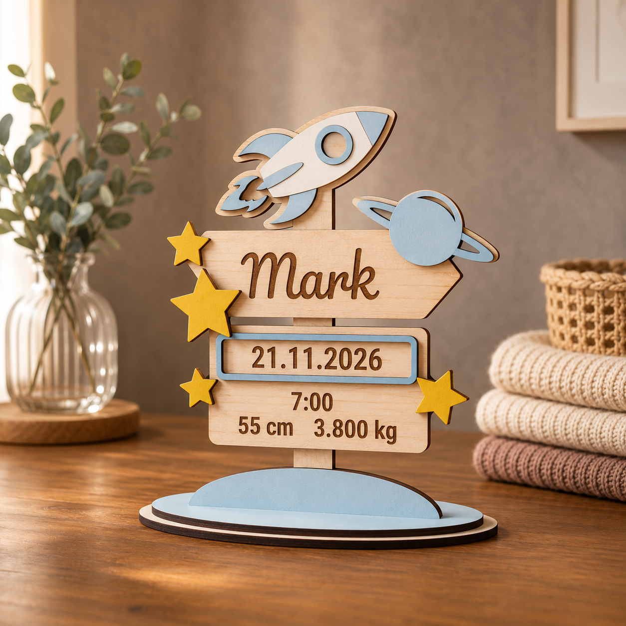 Ornament Personalizat de Naștere cu Rachetă Spațială din Placaj Premium – 15,5 cm