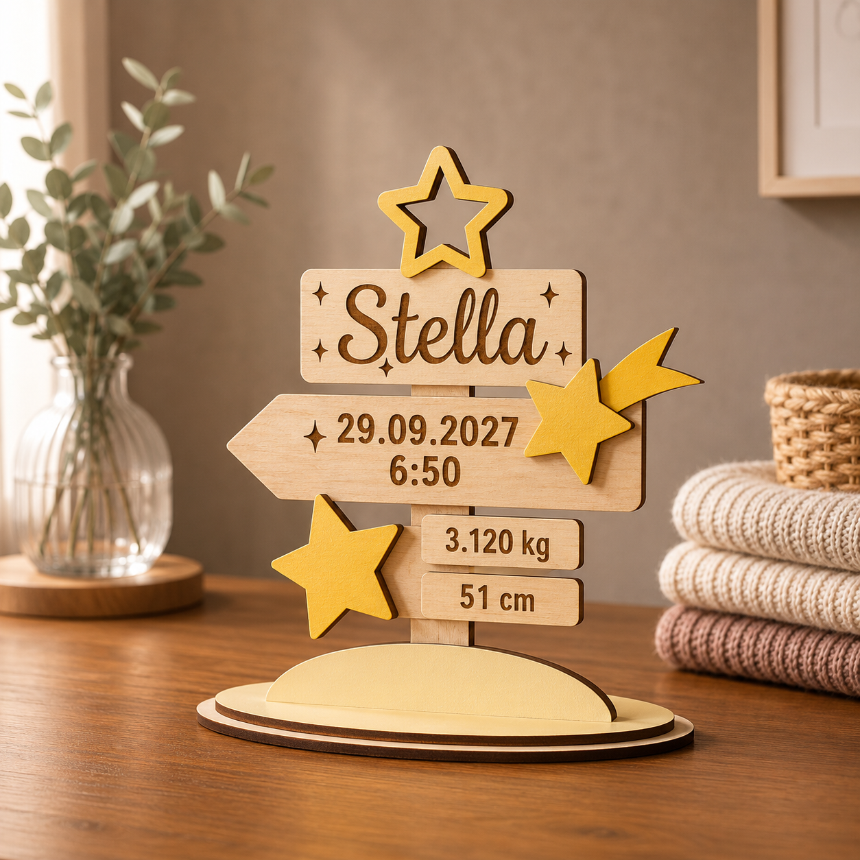 Ornament Personalizat de Naștere cu Stele din Placaj Premium – 15,5 cm