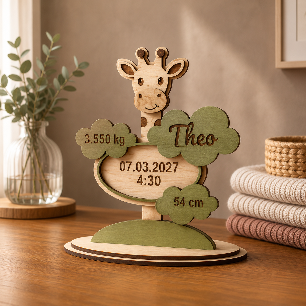 Ornament Personalizat de Naștere cu Girafă din Placaj Premium – 15,5 cm