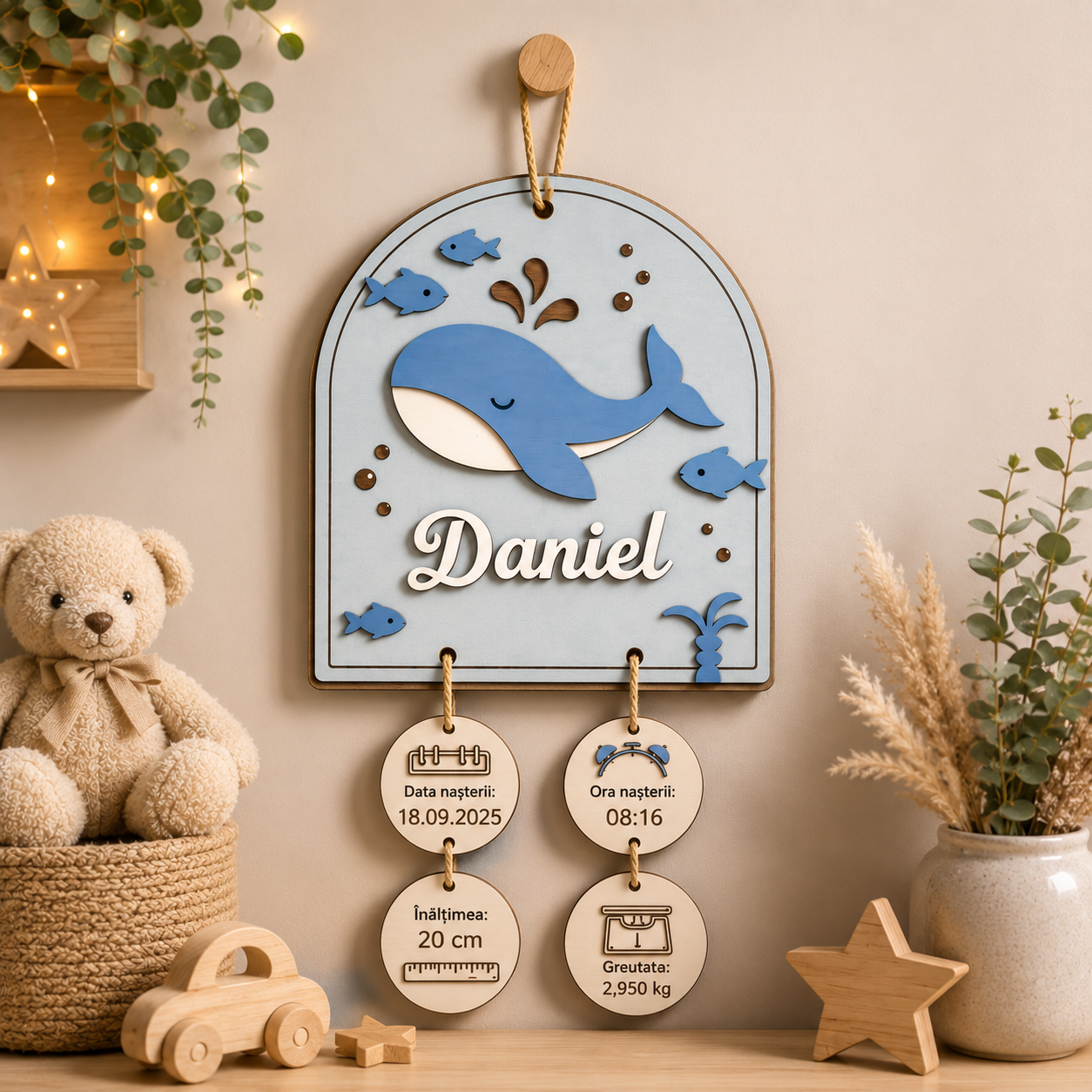 Plachetă personalizată cu balenă și datele nașterii – Decor din lemn pentru camera bebelușului