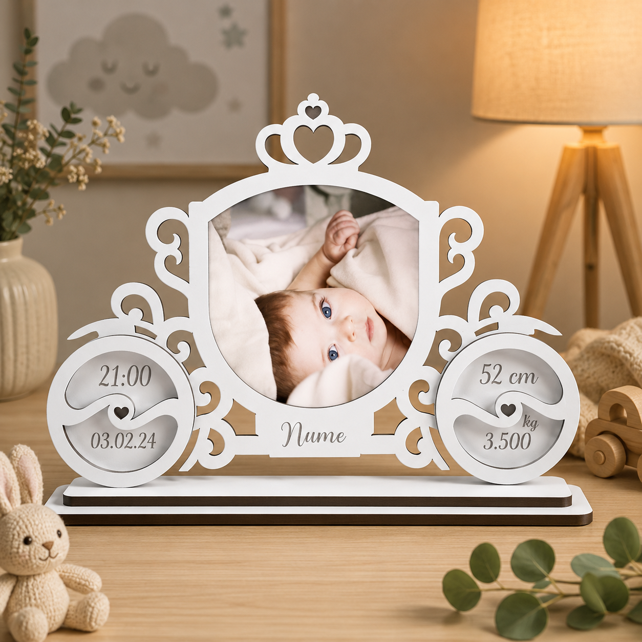 Ramă foto personalizată pentru bebeluși – MDF alb, 170 × 130 mm