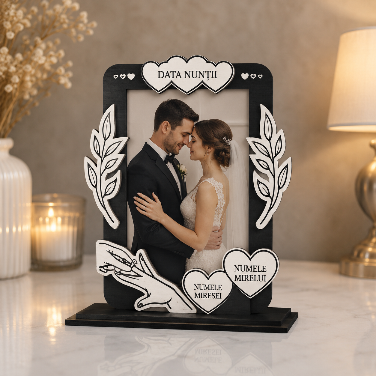 Ramă foto personalizată pentru miri – Cadou de nuntă din MDF alb și negru, fotografie 10 × 15 cm