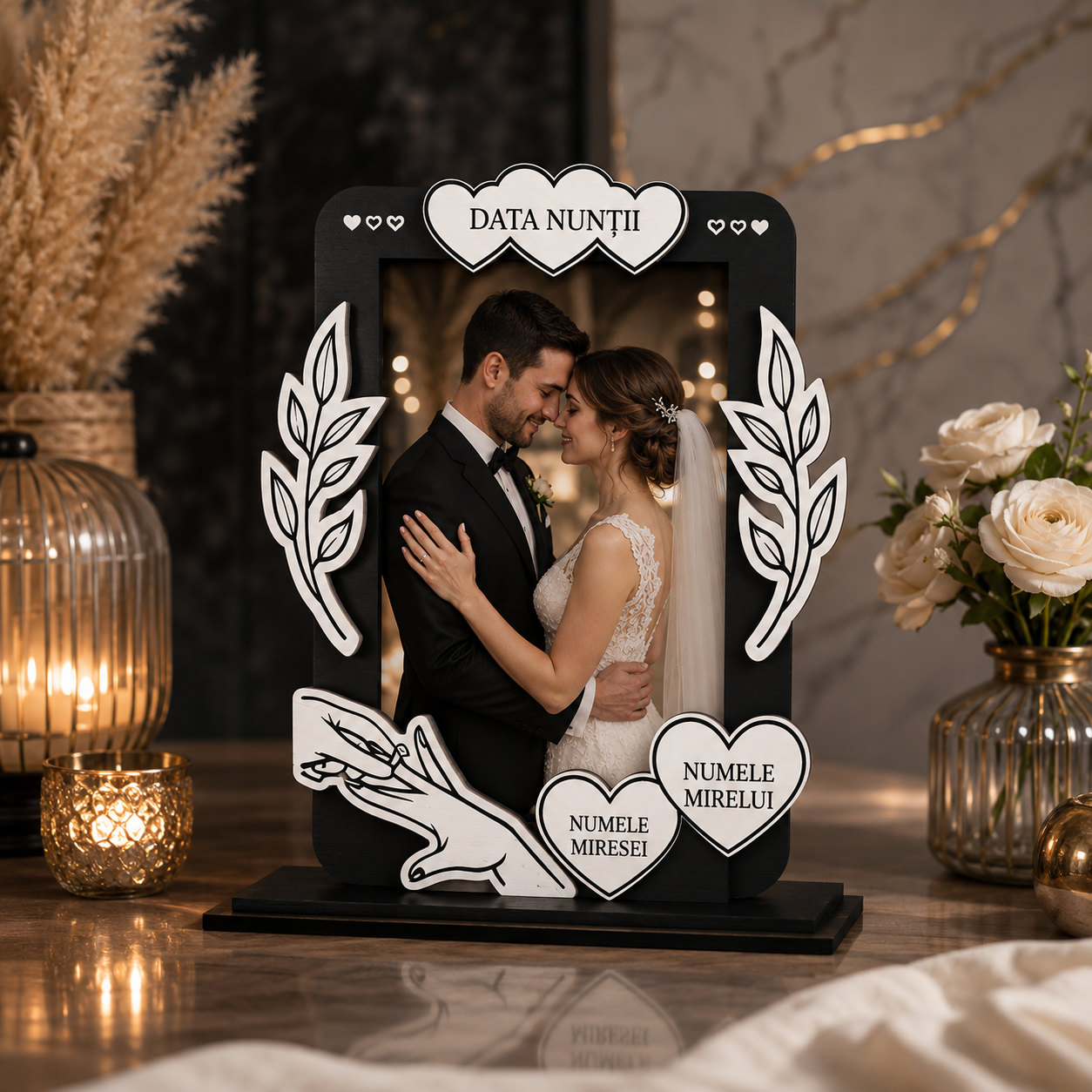 Ramă foto personalizată pentru miri – Cadou de nuntă din MDF alb și negru, fotografie 10 × 15 cm