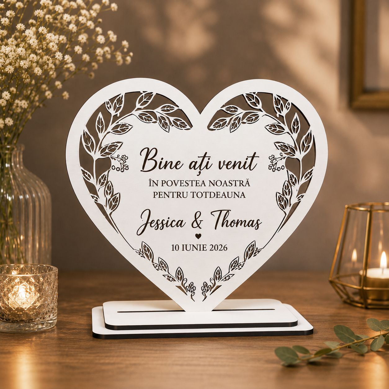 Plachetă Decorativă Personalizată în Formă de Inimă – Cadou Elegant pentru Nuntă, Logodnă sau Aniversare