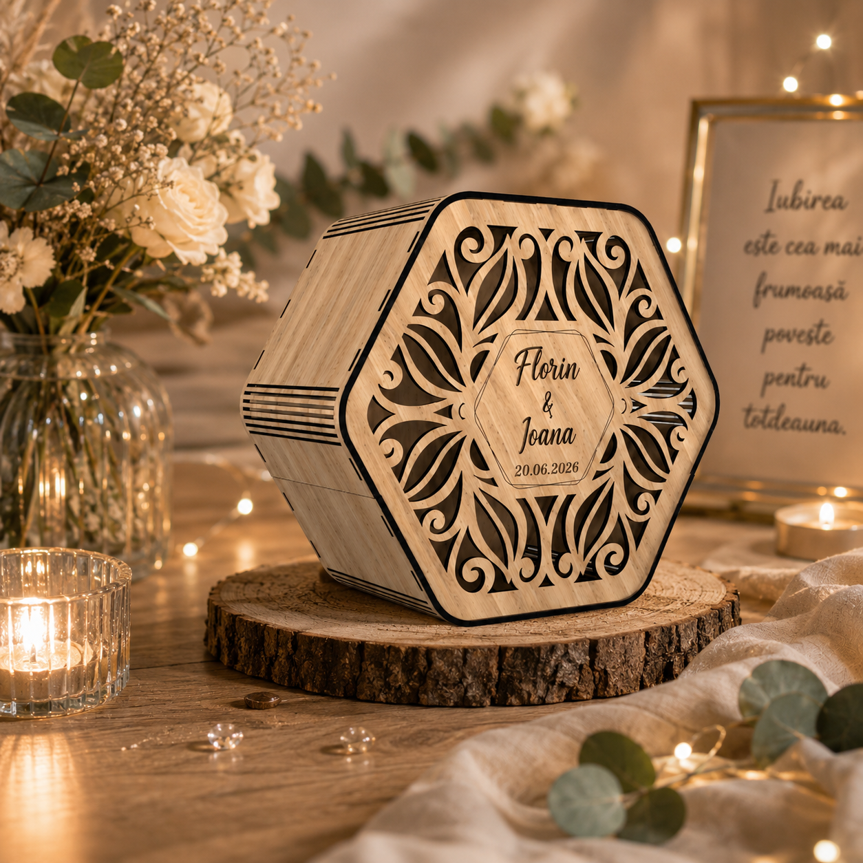 Cutie personalizată pentru dar de nuntă din lemn – Model Hexagonal – 280 × 150 mm