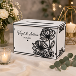 Cutie de Dar Personalizată pentru Nuntă – MDF Alb cu Elemente Florale 3D | 300 × 200 × 200 mm