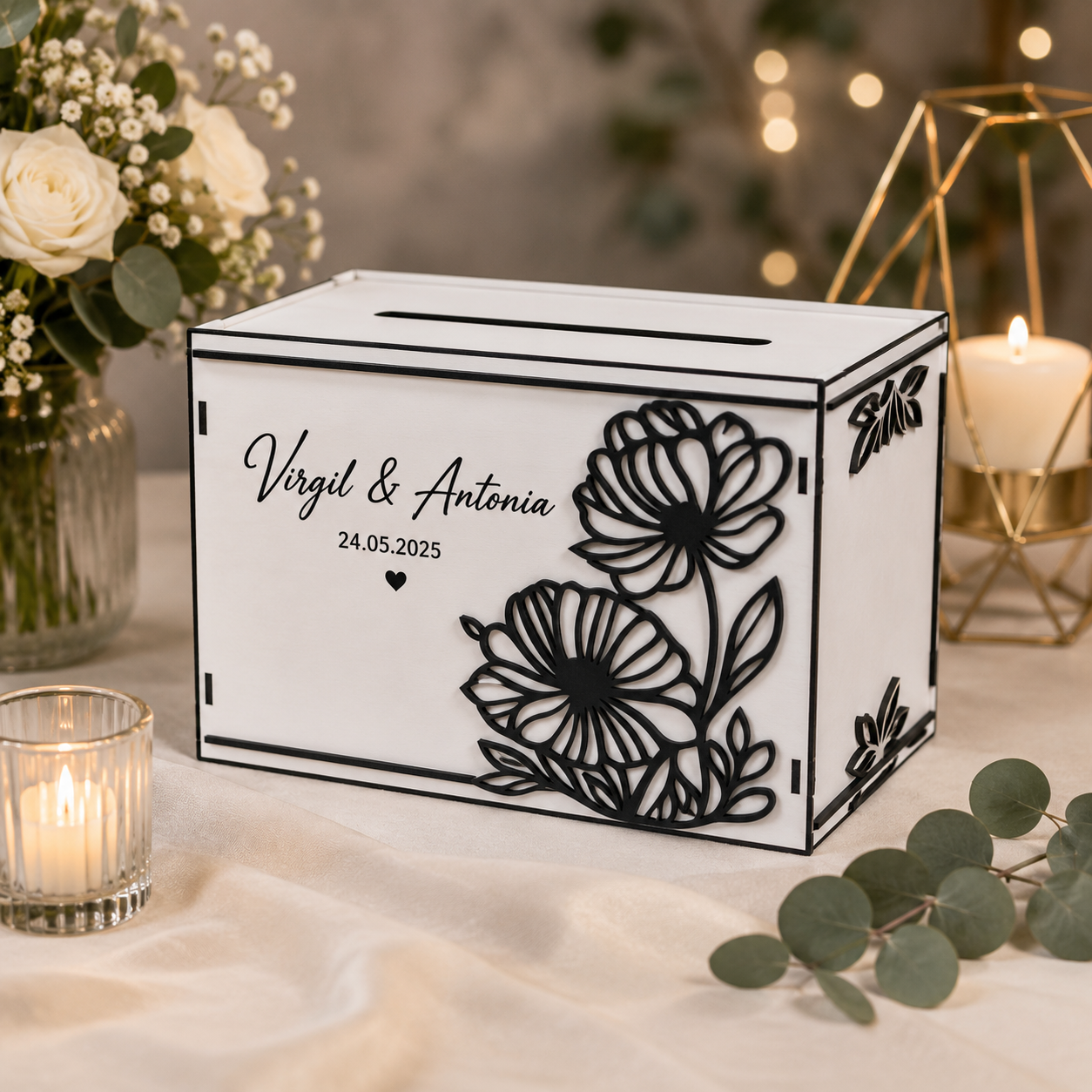 Cutie de Dar Personalizată pentru Nuntă – MDF Alb cu Elemente Florale 3D | 300 × 200 × 200 mm