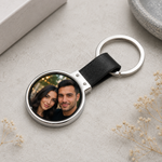 Breloc Rotund Personalizat cu Poză – Piele Ecologică și Metal, Personalizare Față-Verso