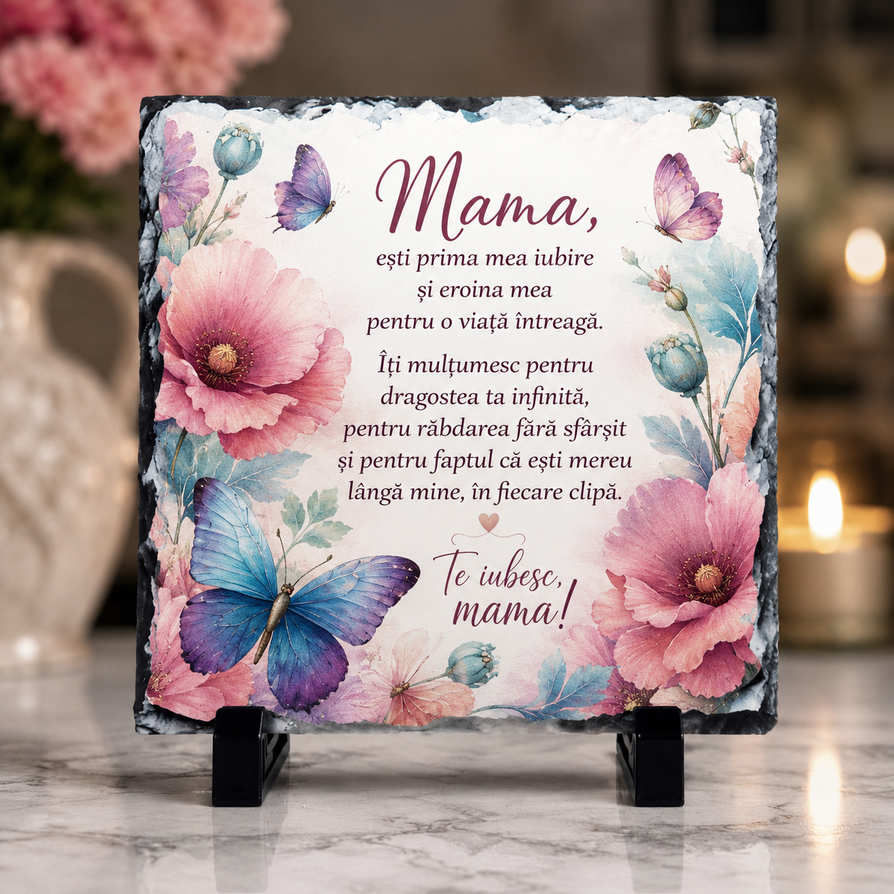Placă din Ardezie Personalizată mama 20×20 cm – Cadou Elegant cu Fotografie și Mesaj