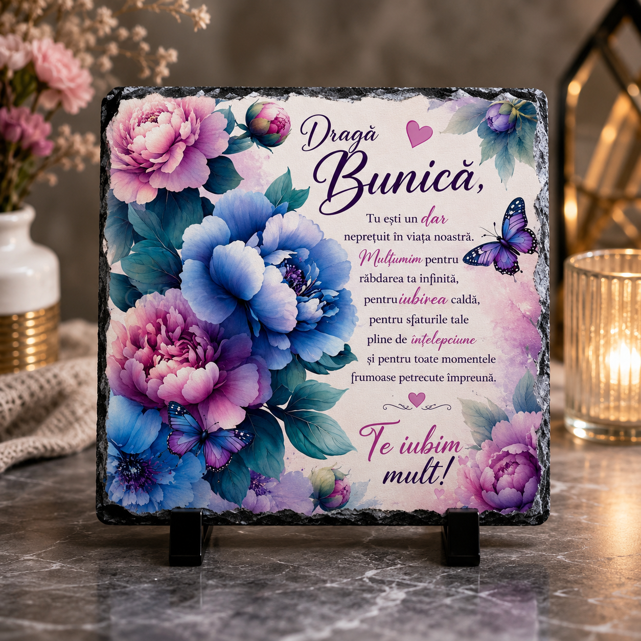 Placă din Ardezie Personalizată pentru Bunica – Cadou Elegant cu Mesaj Emoționant