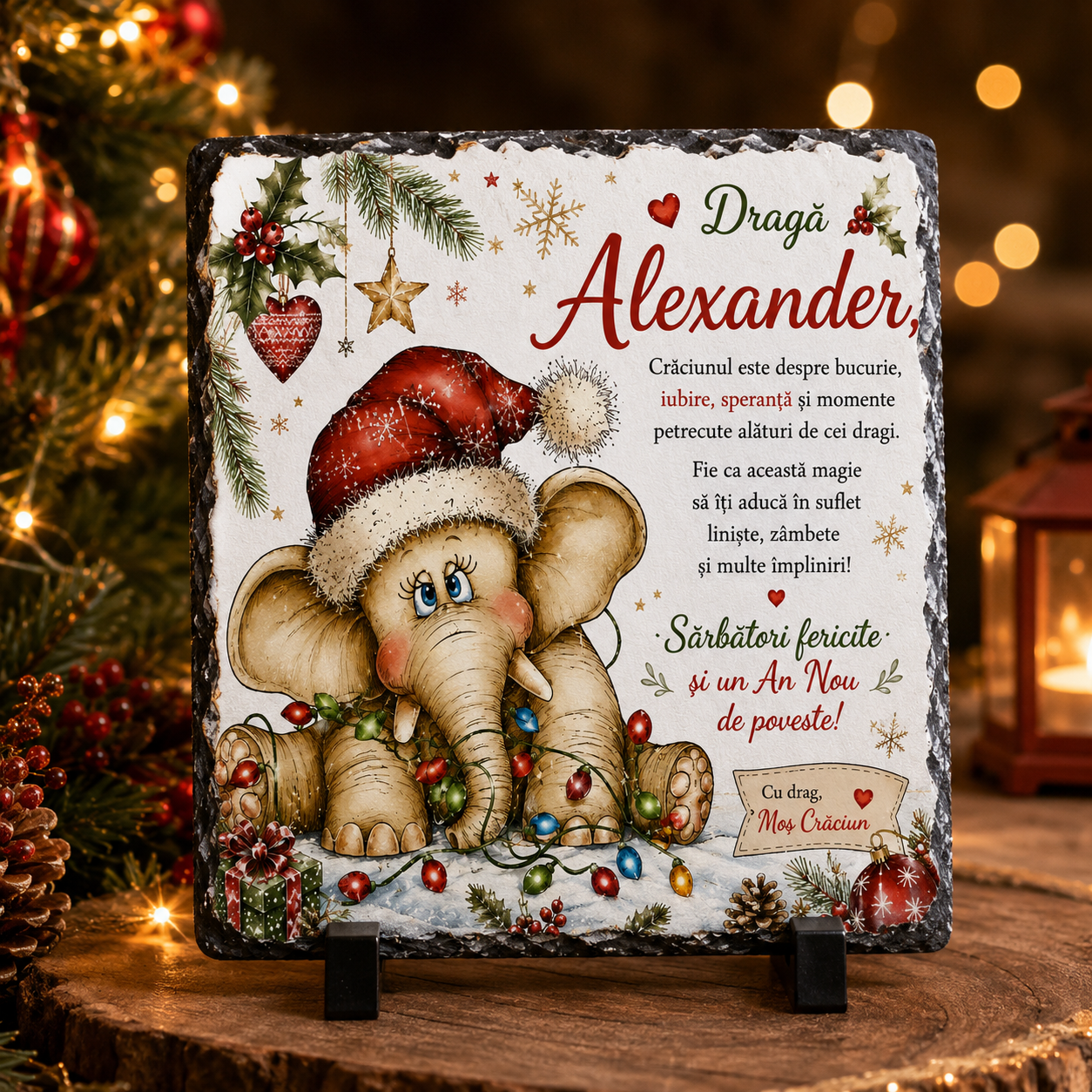 Placă din Ardezie Personalizată de Crăciun cu Nume – Elefănțel Adorabil