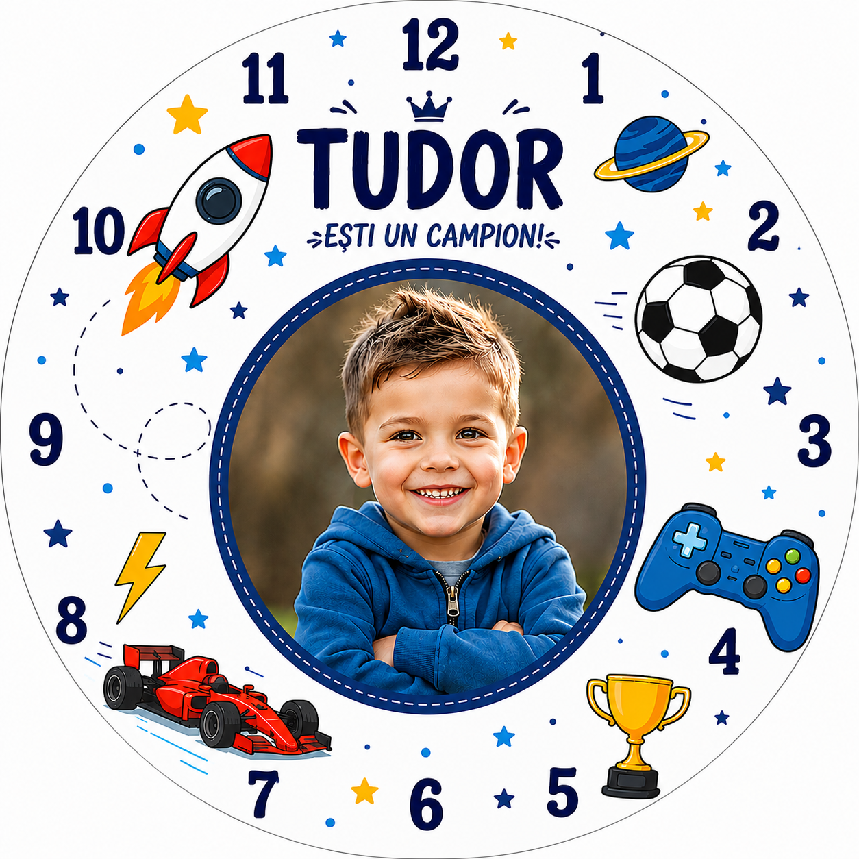 Ceas Personalizat pentru Copii cu Poză și Nume – Model Băieți „Ești un Campion!” – Diametru 20 cm