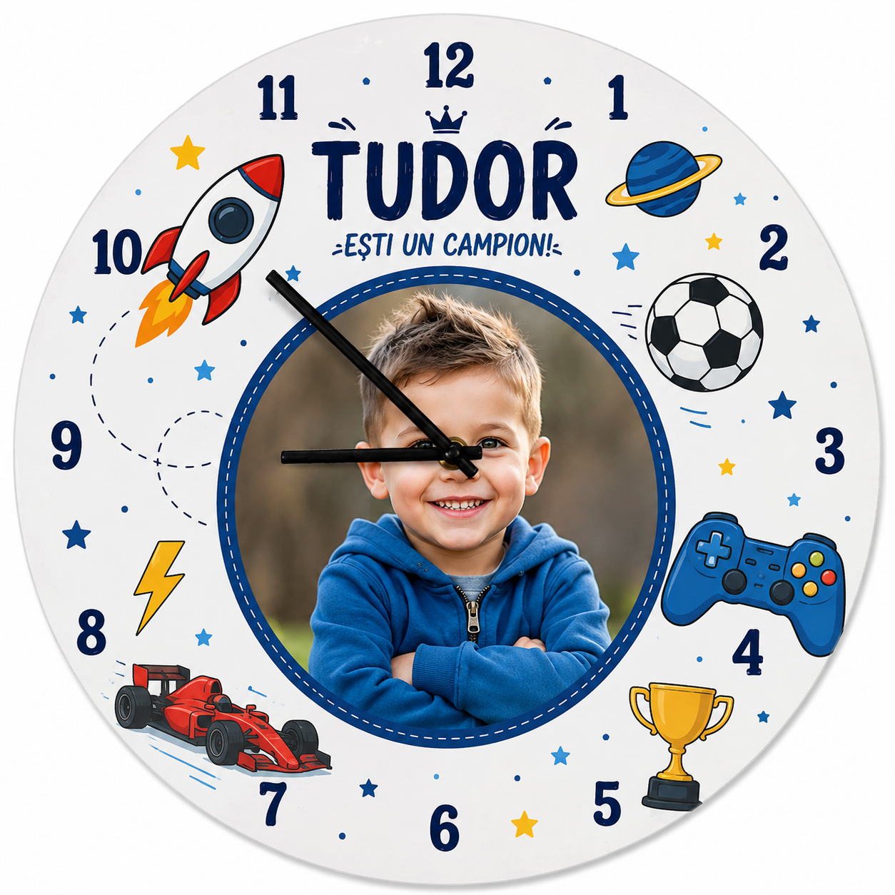 Ceas Personalizat pentru Copii cu Poză și Nume – Model Băieți „Ești un Campion!” – Diametru 20 cm