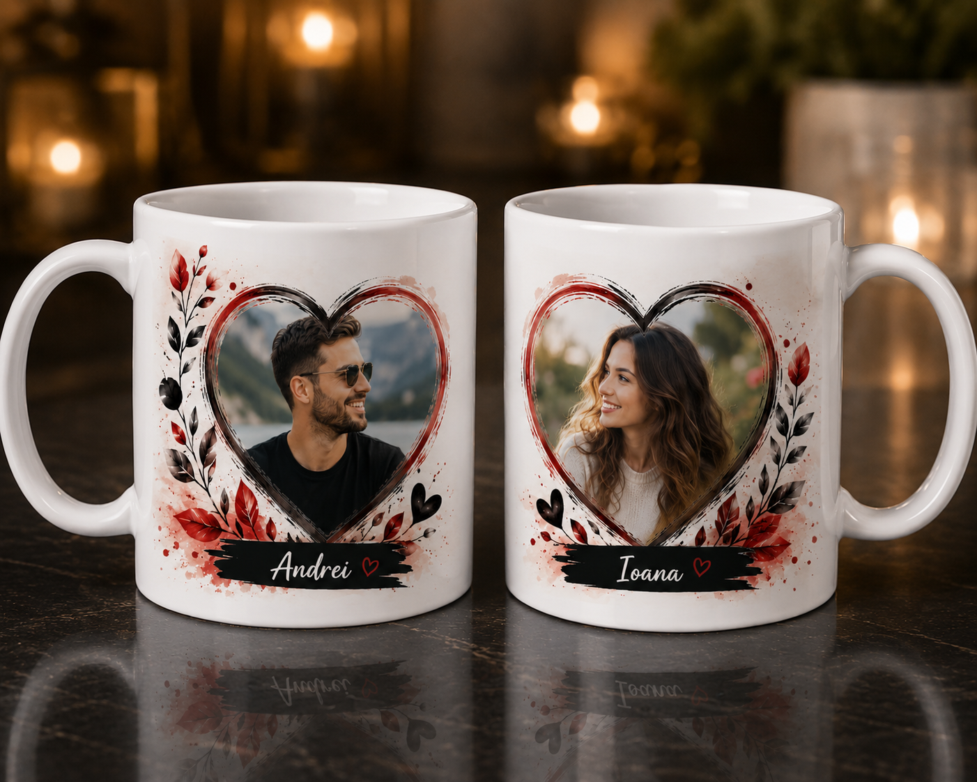 Cană personalizată pentru cupluri cu două fotografii și nume – Cadoul perfect pentru îndrăgostiți