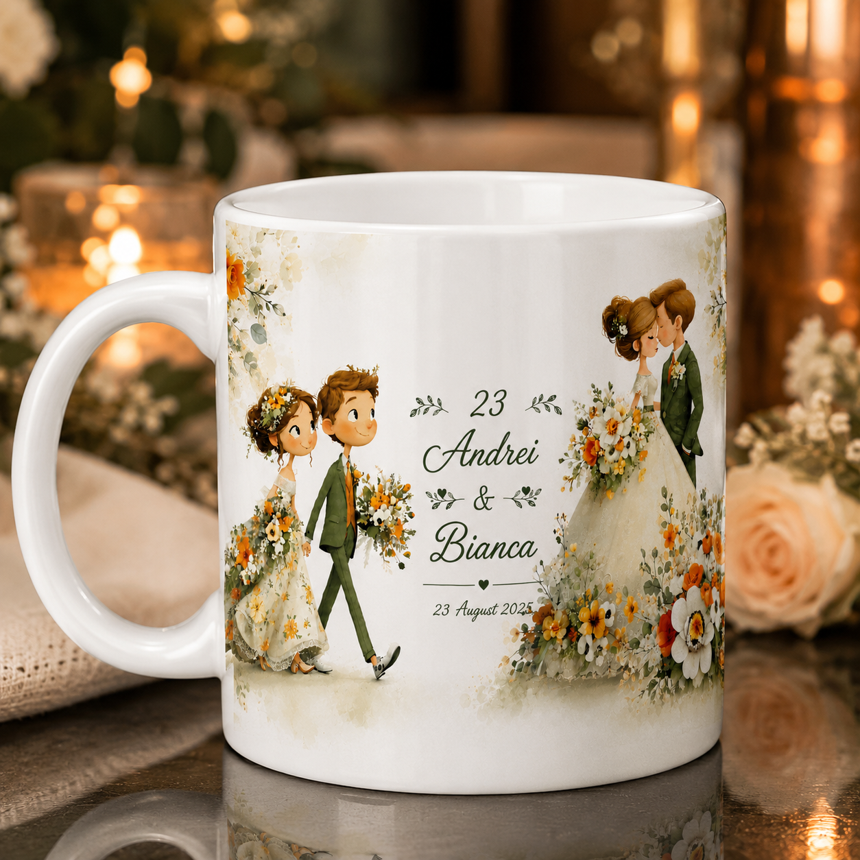 Cană personalizată pentru miri cu nume și dată – Design romantic floral | 330 ml