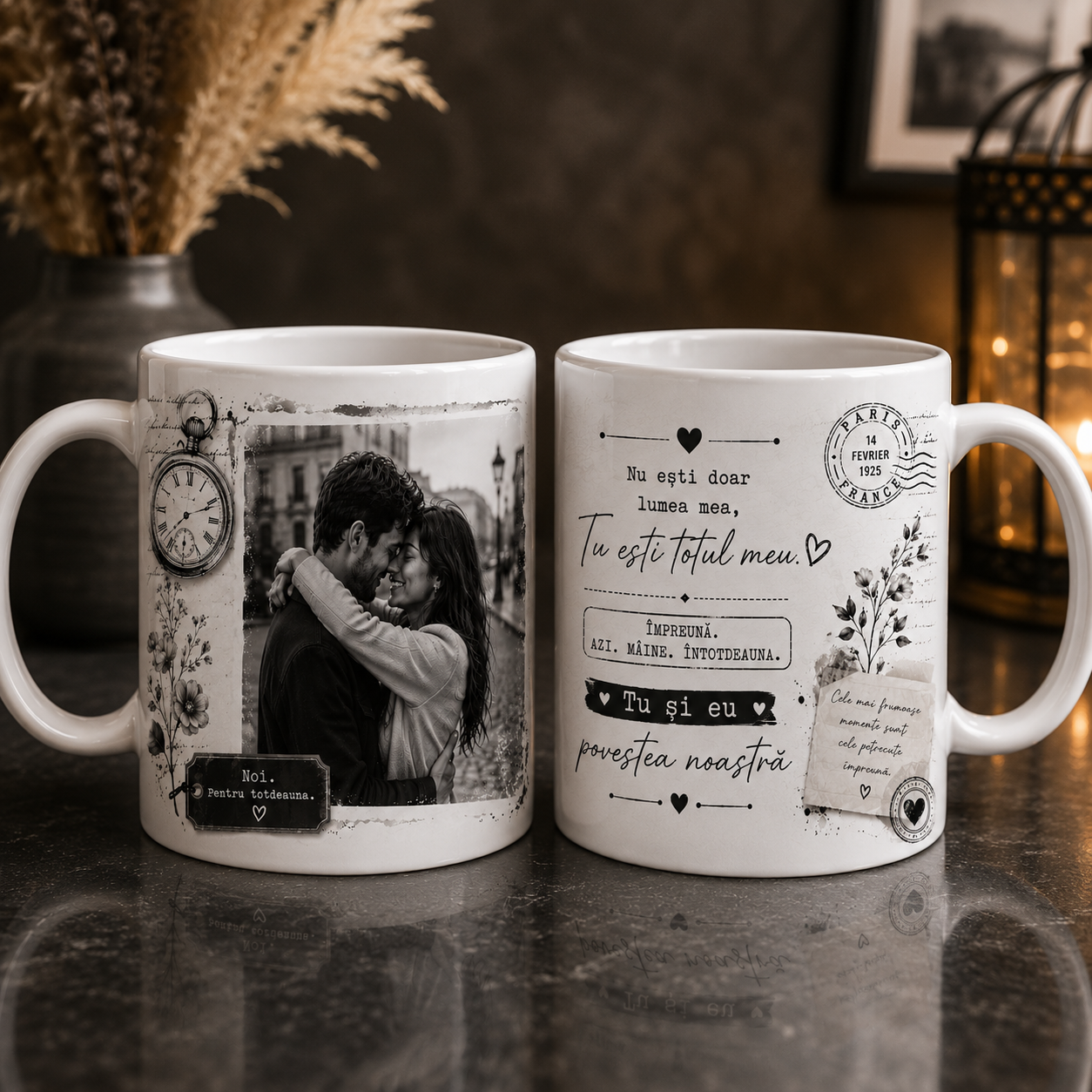Cană Personalizată Vintage cu Poză și Mesaj – O Amintire de Neuitat pentru Persoana Iubită 🖤