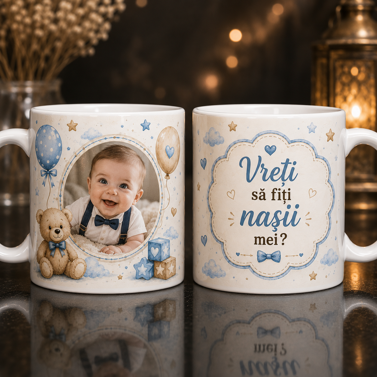 Cană Personalizată cu Poză – „Vreți să fiți Nașii Mei?”