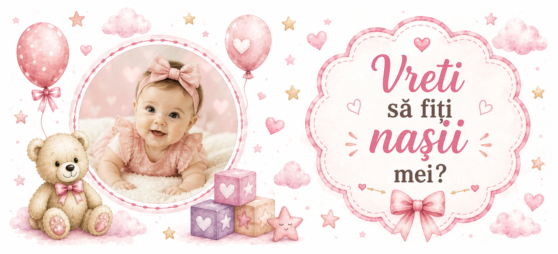 Cană Personalizată cu Poză – „Vreți să fiți Nașii Mei?” pentru Fetiță 💖